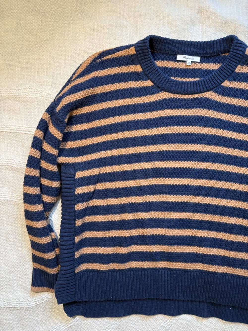 Casual Everyday Madewell Navy and Tan Horizontal Striped Sweater